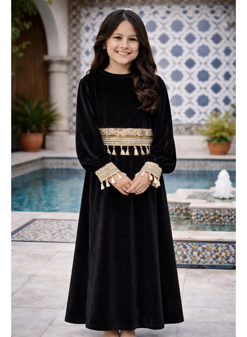 فستان رمضاني مخملي للبنات مع شرّابات/زينة منفصلة، عباية إسلامية بأكمام طويلة، فستان ماكسي تقليدي محتشم للأطفال. - Image 3